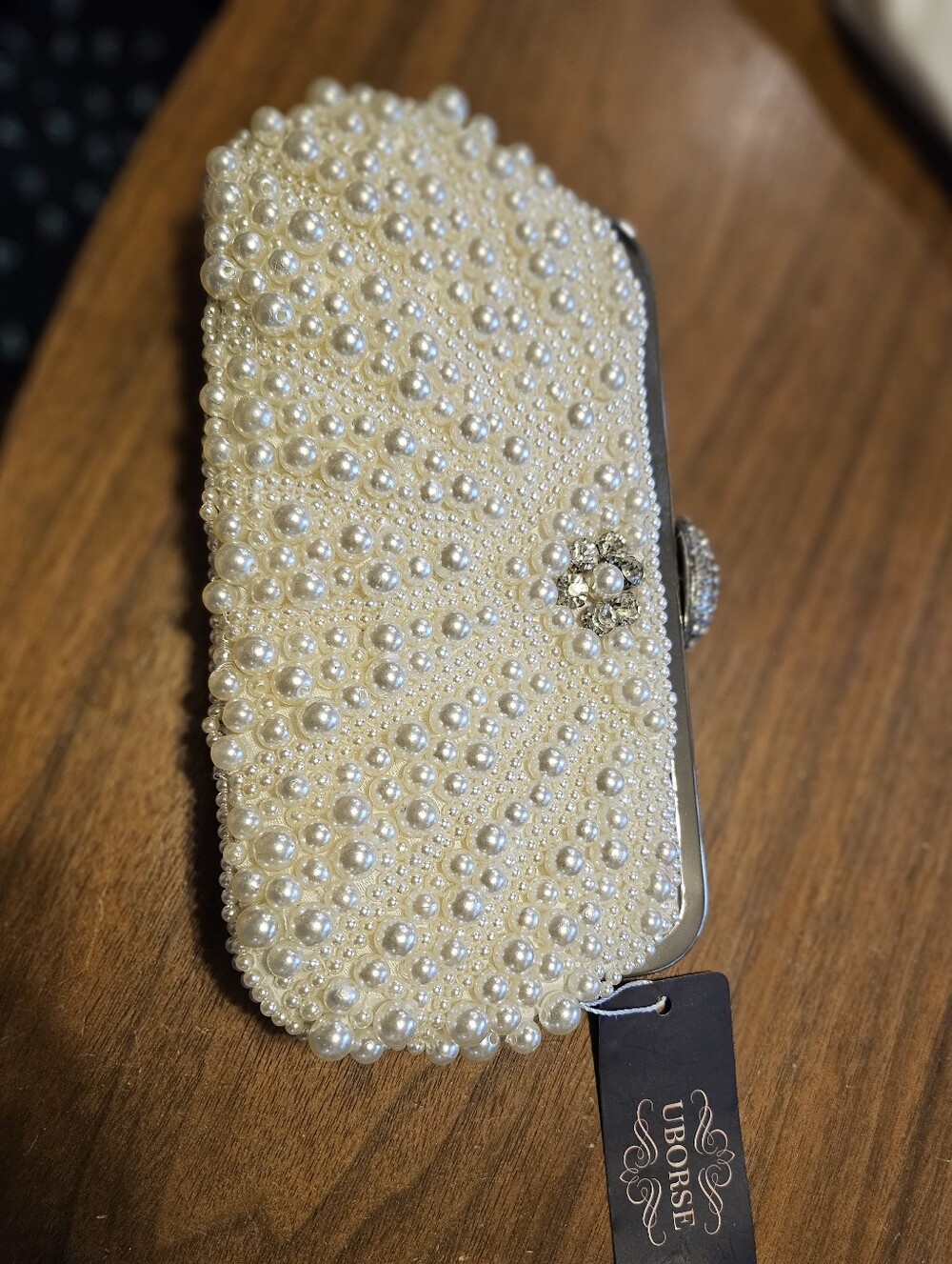 New W Tag Uborse Faux Pearl Embellished Evening Clutch Bag - Cream Pearls Chains